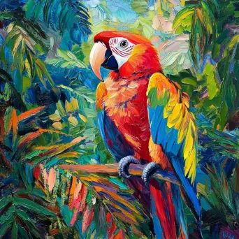 Vivid oil painting of a jungle from a parrot