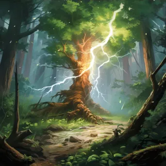 Illustration of a lightning strike in a forest with a tree split in half by a bright bolt. - Image 3