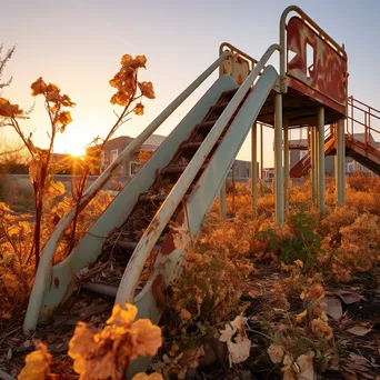 Abandoned school playground with rusty slides and overgrown weeds at sunset - Image 1