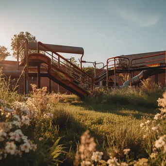 Abandoned school playground with rusty slides and overgrown weeds at sunset - Image 3