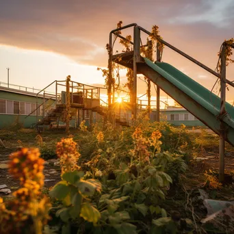 Abandoned school playground with rusty slides and overgrown weeds at sunset - Image 4