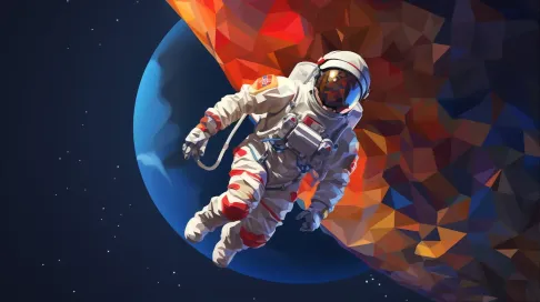 Low poly astronaut floating against a luminescent moon in modernist style - Image 1