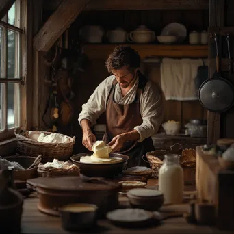 Artisan churning butter in a rustic kitchen with traditional tools and fresh ingredients - Image 1