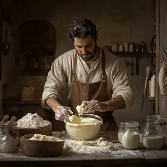 Artisan churning butter in a rustic kitchen with traditional tools and fresh ingredients - Image 2