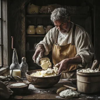 Artisan churning butter in a rustic kitchen with traditional tools and fresh ingredients - Image 4