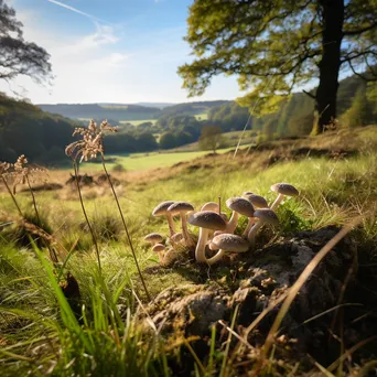 Woodland clearing with a view of hills and wild mushrooms. - Image 1