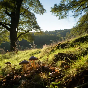 Woodland clearing with a view of hills and wild mushrooms. - Image 3