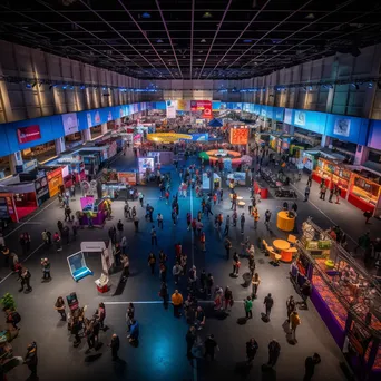 Panoramic view of an expo hall filled with booths and networking attendees - Image 3