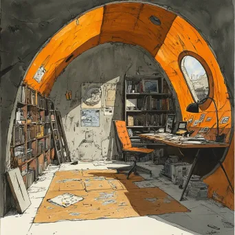 Graphic novel style artwork of nuclear fallout shelter repurposed as an art studio - Image 1