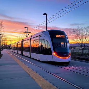 Modern light rail train in an urban landscape at sunset - Image 3