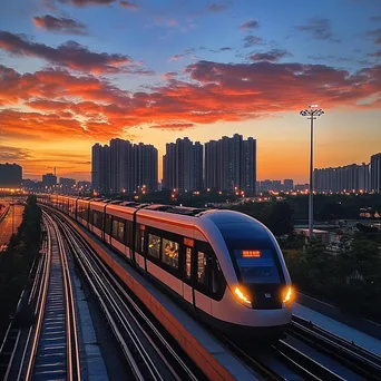 Modern light rail train in an urban landscape at sunset - Image 4