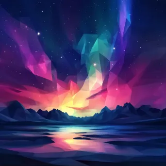 Neon-colored low poly aurora borealis with polygon stars - Image 1