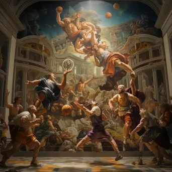 Basketball match depicted in a fresco-style mural - Image 1