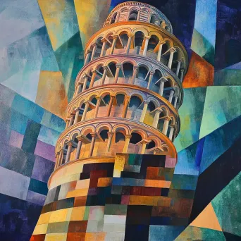 Leaning Tower of Pisa illustrated in Futurist style where dynamic shapes and lines evoke movement - Image 2