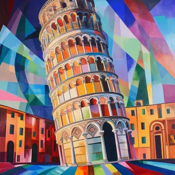 Leaning Tower of Pisa illustrated in Futurist style where dynamic shapes and lines evoke movement - Image 4