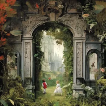 Gates of a secret garden opening to whispering creatures and plants revealing hidden truths in an enchanting image. - Image 1