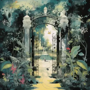 Gates of a secret garden opening to whispering creatures and plants revealing hidden truths in an enchanting image. - Image 4