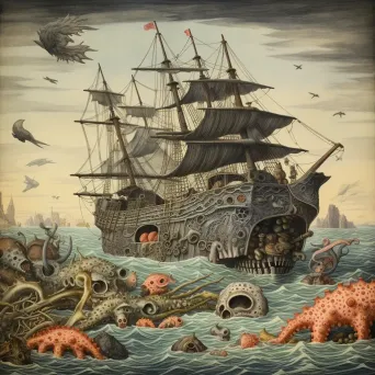 Sunken pirate ship surrounded by marine creatures on ocean floor - Image 1