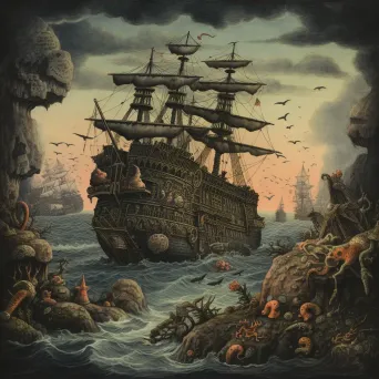 Sunken pirate ship surrounded by marine creatures on ocean floor - Image 4