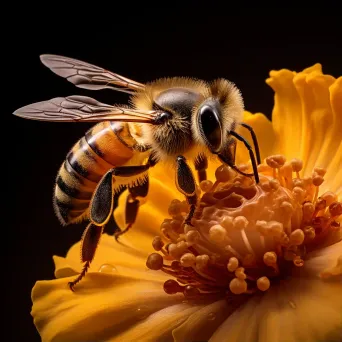 Macro view image of a bee on a flower with pollen grains and intricate petal details - Image 1