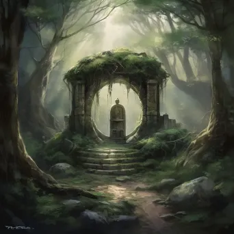 Image of a tranquil forest grove with a sacred well surrounded by lush greenery - Image 1