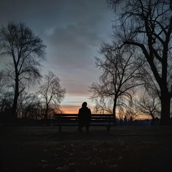 Lonely person sitting on a bench in a park at dawn - Image 1