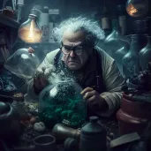 Image of a mad scientist in a cluttered lab with bubbling potions - Image 1