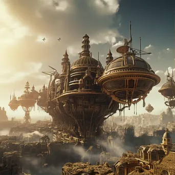 Steampunk cityscape at dawn with airships and industrial aesthetic - Image 1