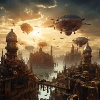 Steampunk Cityscape at Dawn with Airships