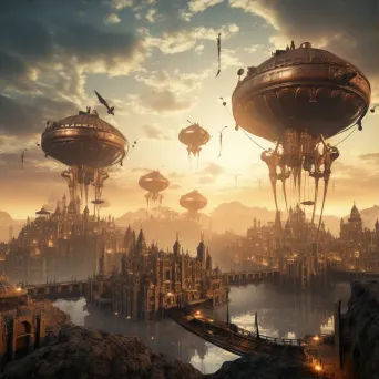 Steampunk cityscape at dawn with airships and industrial aesthetic - Image 3