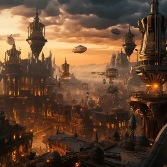 Steampunk cityscape at dawn with airships and industrial aesthetic - Image 4