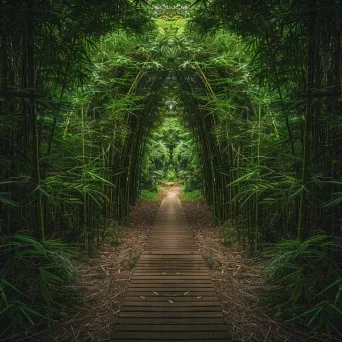 Symmetrical bamboo forest pathway with lush greenery - Image 1