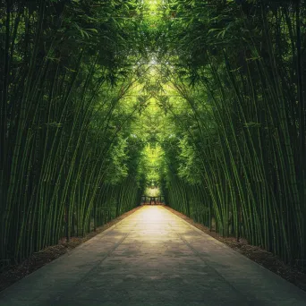 Symmetrical bamboo forest pathway with lush greenery - Image 2