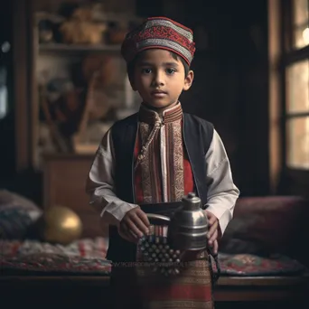 Young boy in traditional outfit holding a crafted item - Image 1