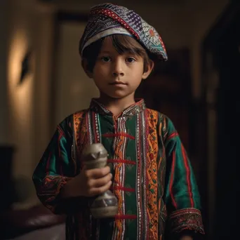 Young boy in traditional outfit holding a crafted item - Image 2