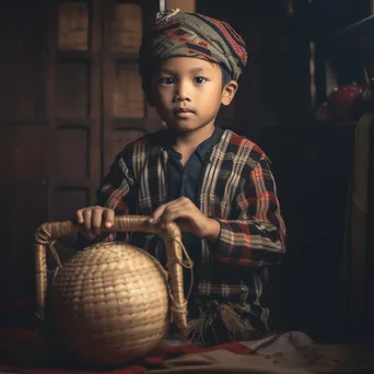 Young boy in traditional outfit holding a crafted item - Image 4