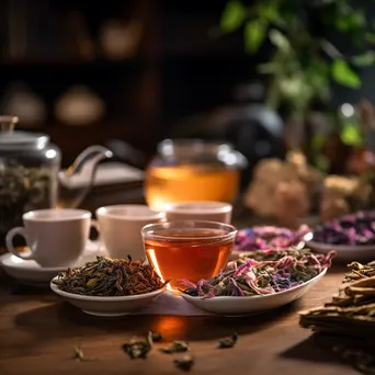 Still life of freshly brewed tea cups and loose leaves - Image 4