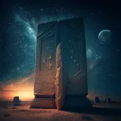 Image of ancient monolith under star-filled sky symbolizing civilization