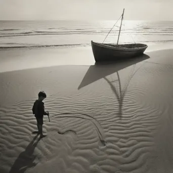 Boy drawing boat on sand with real boat revealed by waves - Image 2