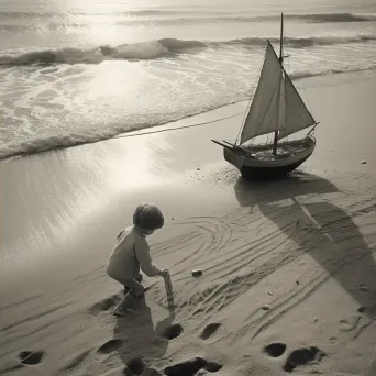 Boy drawing boat on sand with real boat revealed by waves - Image 4