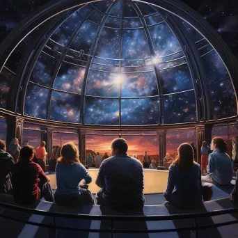 Realistic oil painting of observers stargazing from glass-domed observatory bathed in star light - Image 1