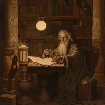 Ancient scholar surrounded by scrolls and candlelight in a study - Image 1