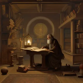 Ancient scholar surrounded by scrolls and candlelight in a study - Image 4