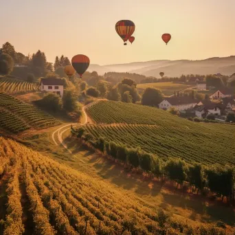 Hot air balloons over a tranquil vineyard at golden hour - Image 1