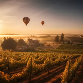 Hot air balloons over a tranquil vineyard at golden hour - Image 2