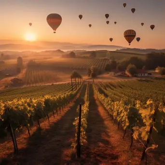 Hot air balloons over a tranquil vineyard at golden hour - Image 3