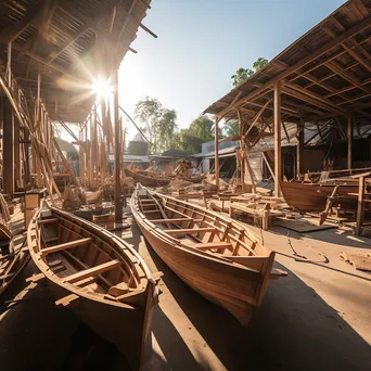 Wide angle view of an outdoor boat-building yard with several unfinished boats - Image 1