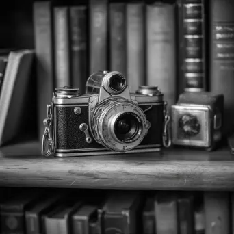 Black and white old film camera on vintage bookshelf - Image 1