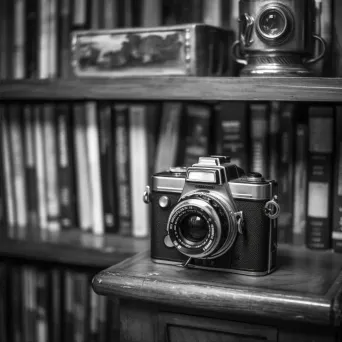 Nostalgic Film Camera on Bookshelf