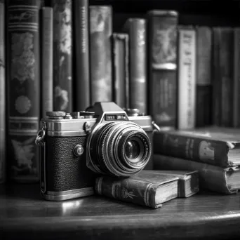 Black and white old film camera on vintage bookshelf - Image 3